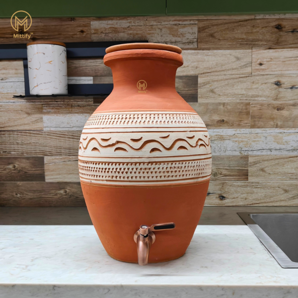 Handmade Earthen Clay Water Pot Tribal Design with Metal Tap 8L