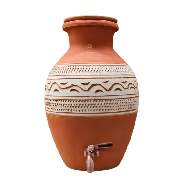 Handmade Earthen Clay Water Pot Tribal Design with Metal Tap 8L