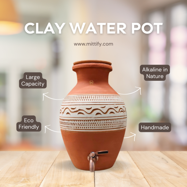 Handmade Earthen Clay Water Pot Tribal Design with Metal Tap 8L