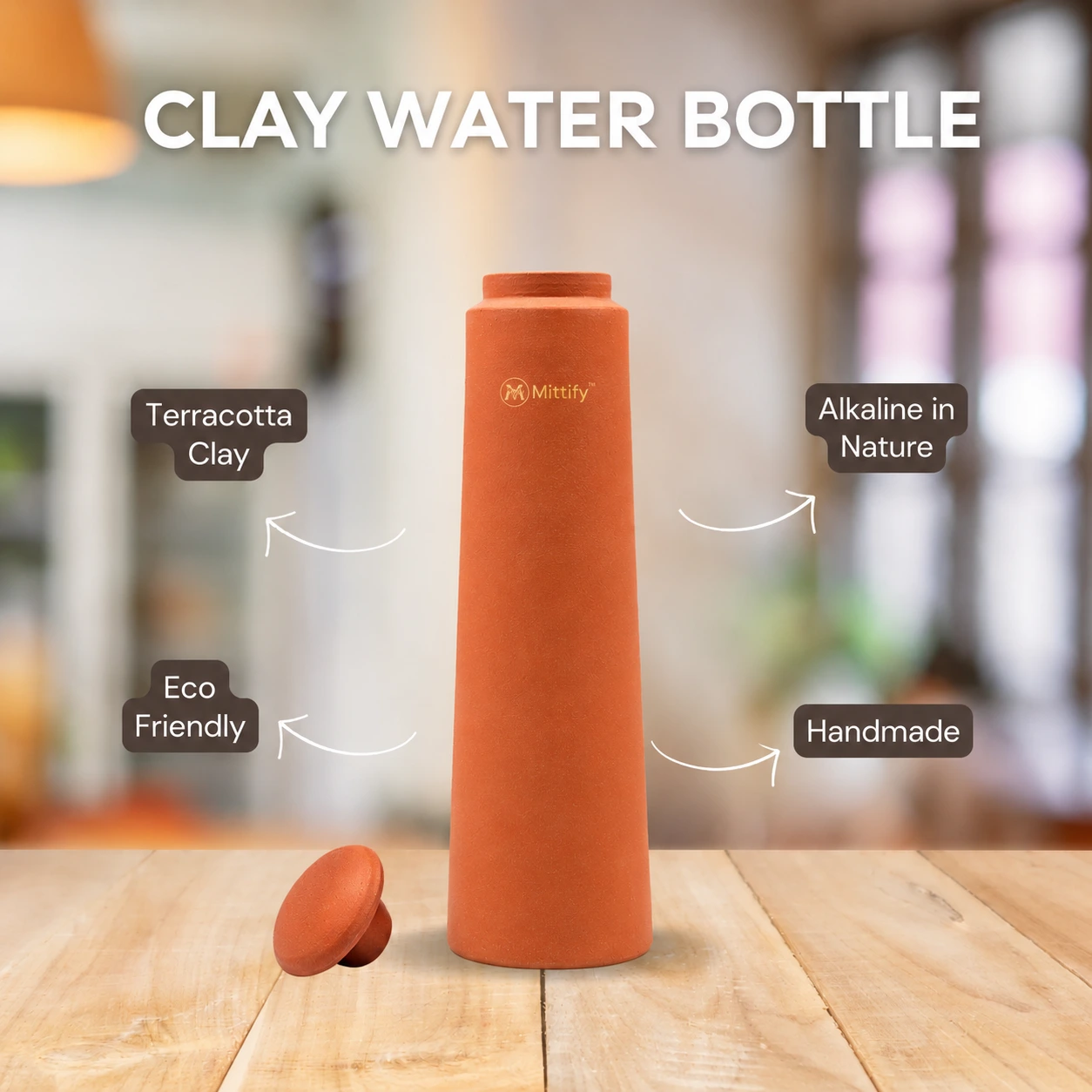 Handmade Earthen Clay Water Bottle - Plain Straight tower Design Clay water bottle (1000ml) - Image 3