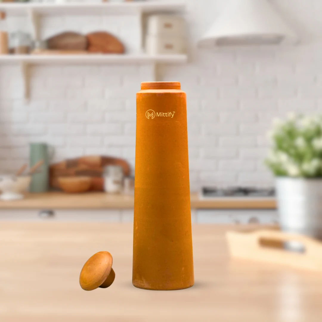 Handmade Earthen Clay Water Bottle - Plain Straight tower Design Clay water bottle (1000ml) - Image 5