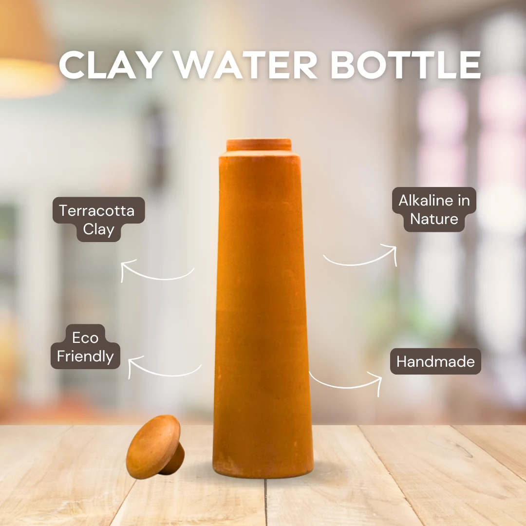 Handmade Earthen Clay Water Bottle - Plain Straight tower Design Clay water bottle (1000ml) - Image 7