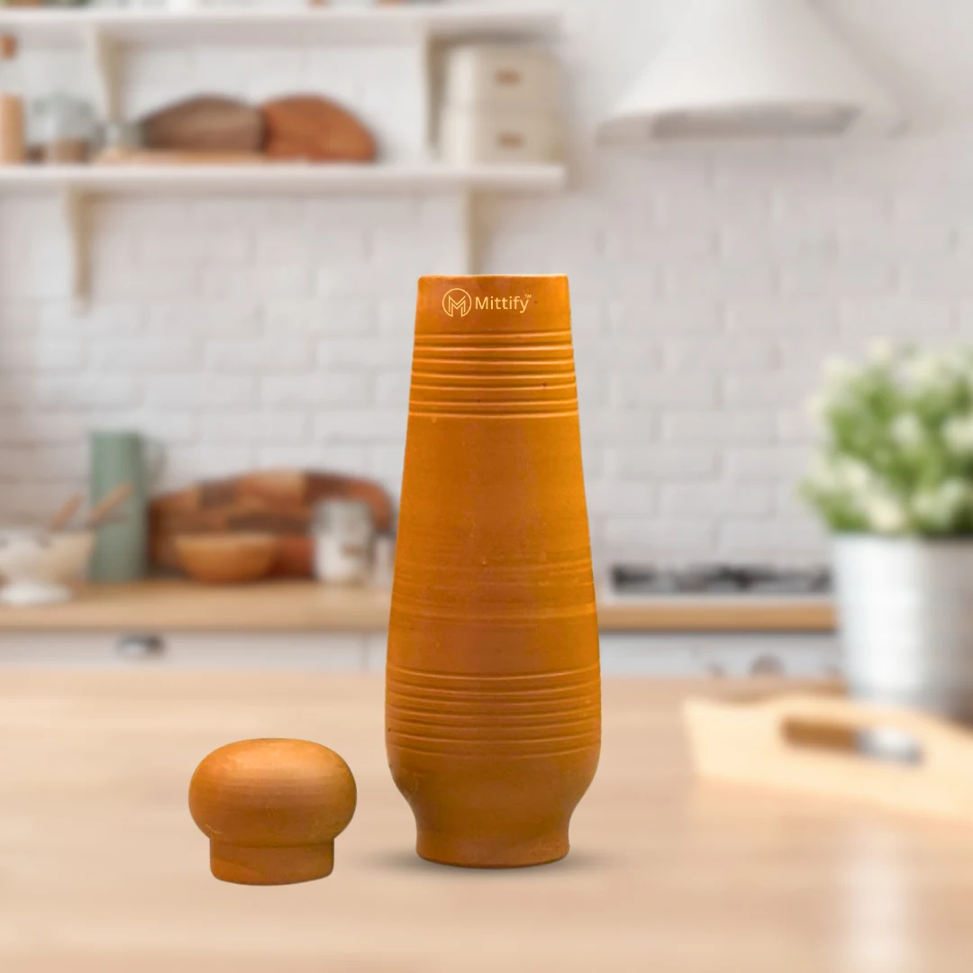 Handmade Earthen Clay Water Bottle - Horizontal line Design with Oval Cap Clay Water bottle (33oz/1000ml) - Image 7