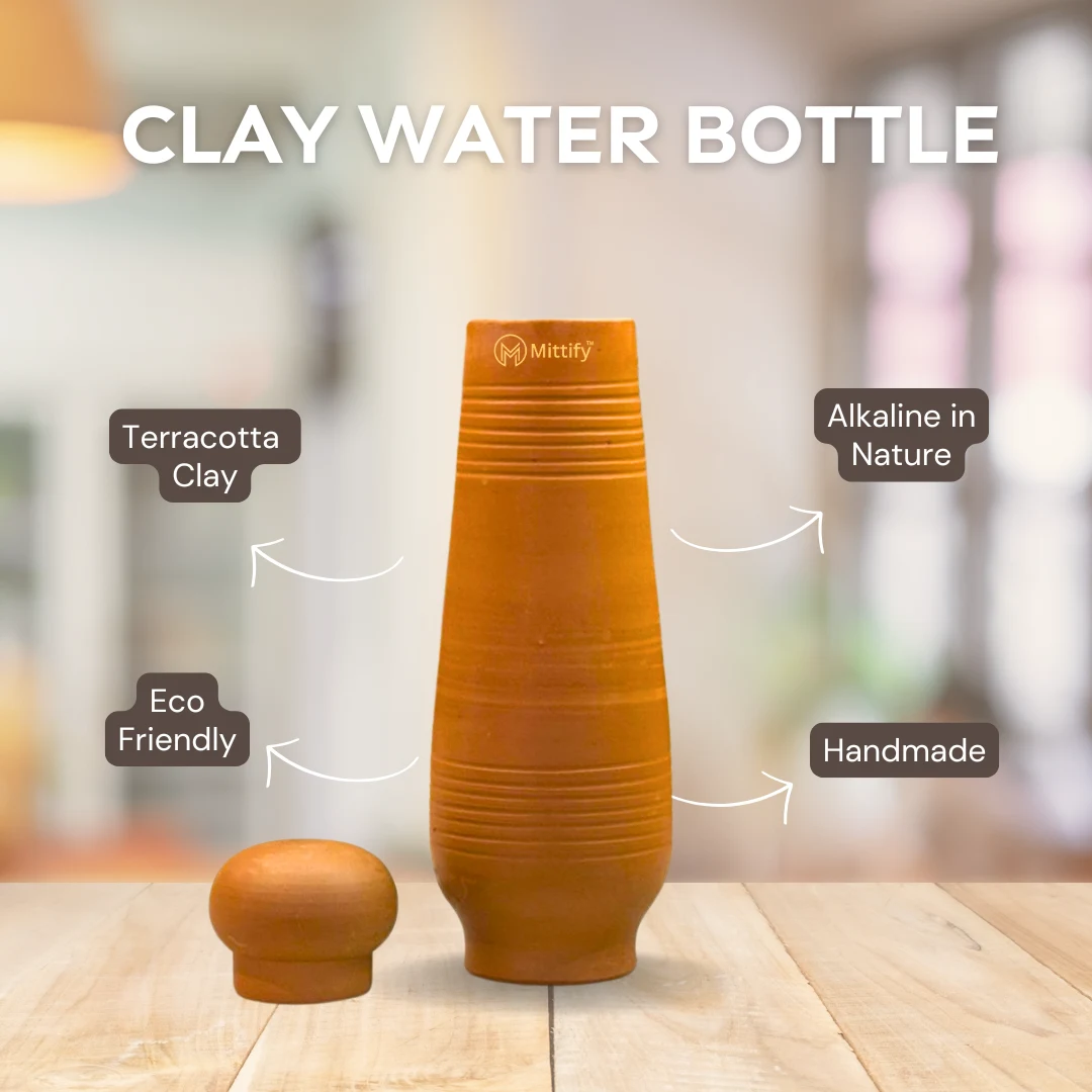 Handmade Earthen Clay Water Bottle - Horizontal line Design with Oval Cap Clay Water bottle (33oz/1000ml) - Image 6