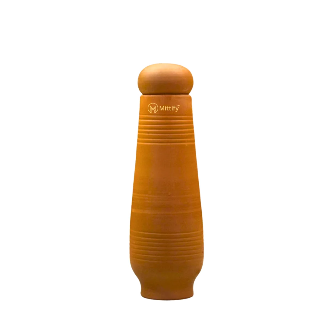 Handmade Earthen Clay Water Bottle - Horizontal line Design with Oval Cap Clay Water bottle (33oz/1000ml) - Image 2