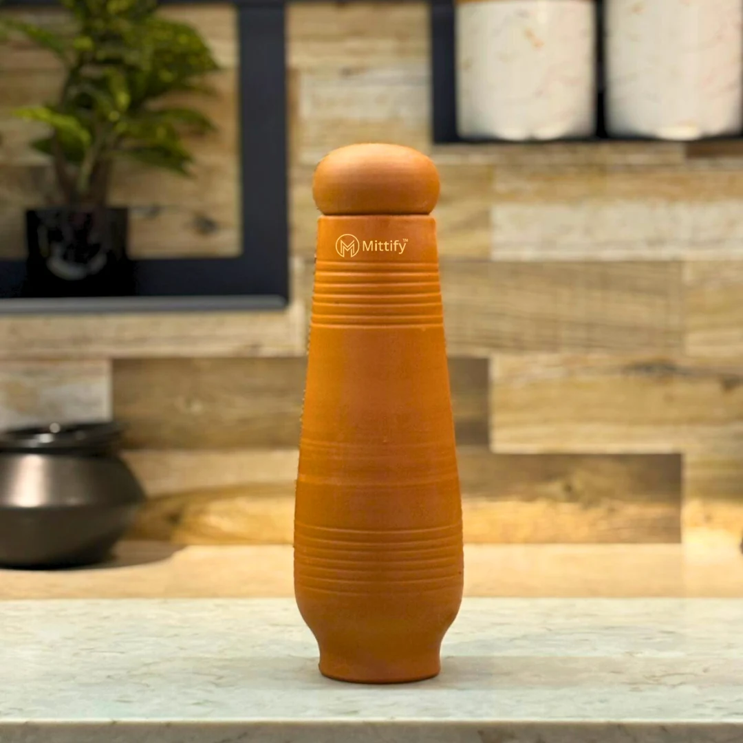 Handmade Earthen Clay Water Bottle - Horizontal line Design with Oval Cap Clay Water bottle (33oz/1000ml) - Image 4