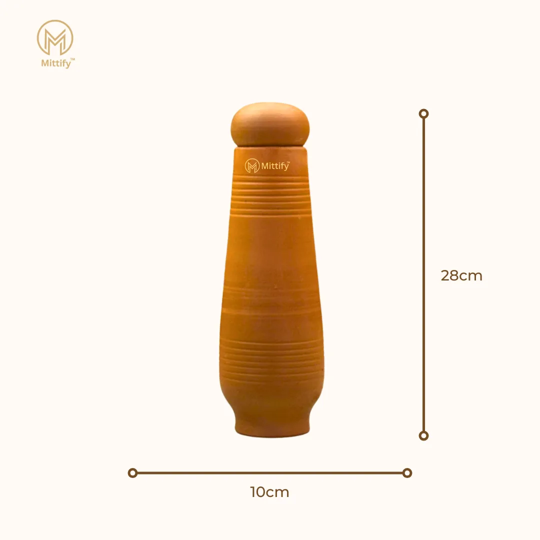 Handmade Earthen Clay Water Bottle - Horizontal line Design with Oval Cap Clay Water bottle (33oz/1000ml) - Image 5