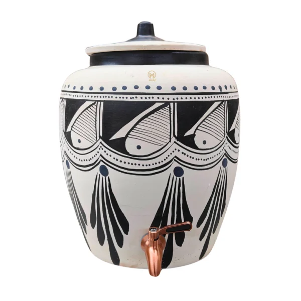 Earthen Handmade White Clay Water Pot Black Spades Design 11L