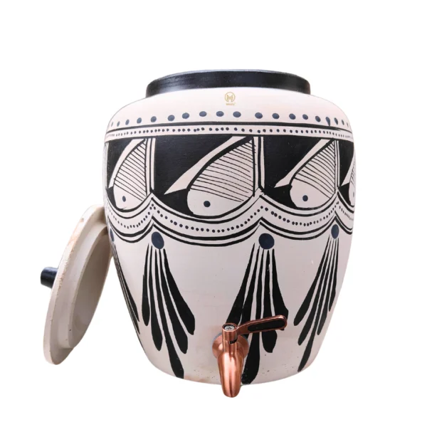 Earthen Handmade White Clay Water Pot Black Spades Design 11L