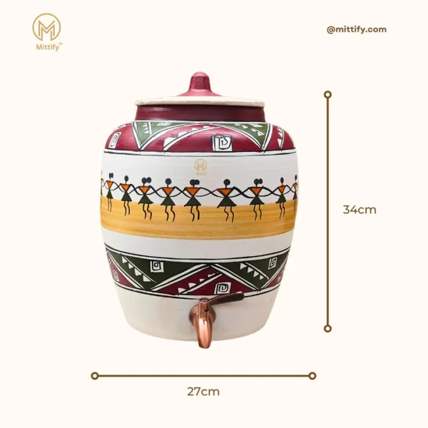 Earthen Handmade White Clay Water Pot Dancing Doll Design 11L