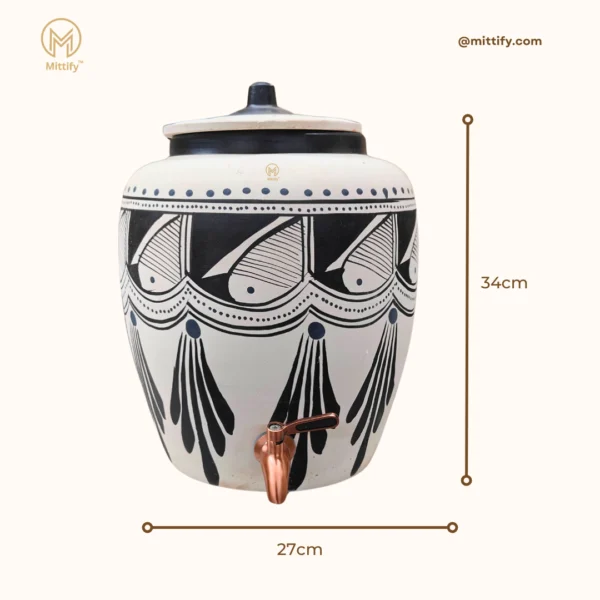 Handmade White Clay Water Pot Black Spades Design 11L