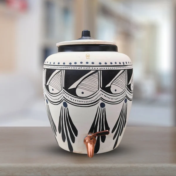 Handmade White Clay Water Pot Black Spades Design 11L