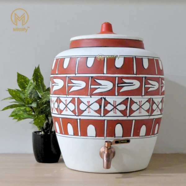 Earthen White Clay Water Pot Cross Design with Metal Tap for better Life Style 11L capacity
