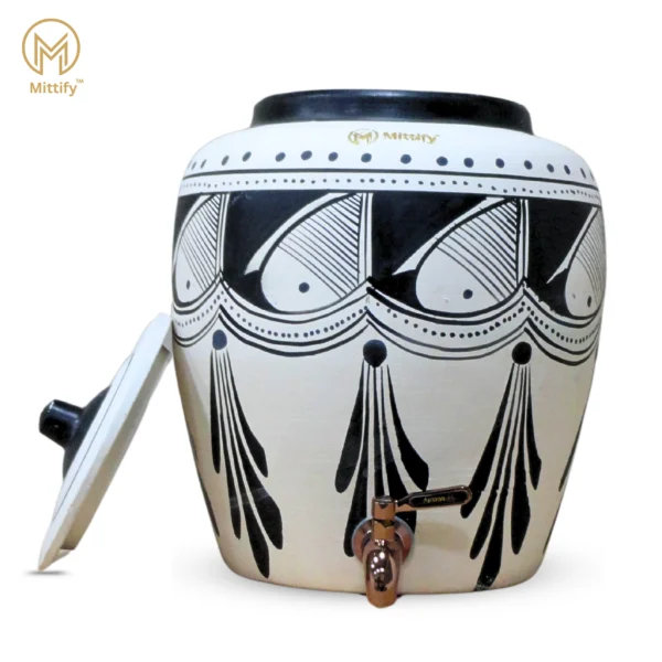 Earthen White Clay Water Pot Black Spade Design with Metal Tap For Better Life Style 11L Capacity - Image 3
