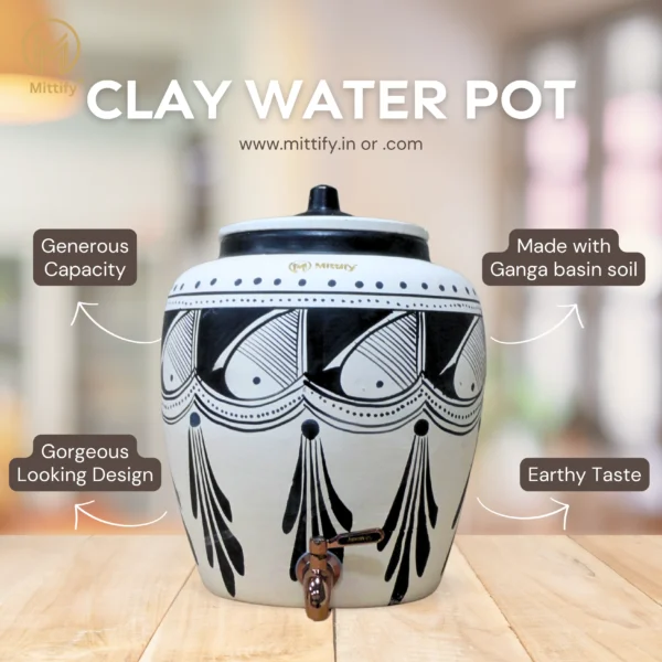 Earthen White Clay Water Pot Black Spade Design with Metal Tap For Better Life Style 11L Capacity - Image 5