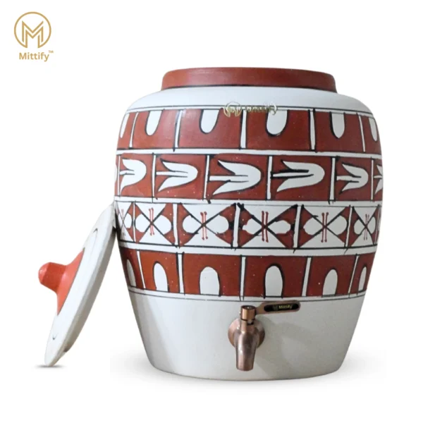 Earthen White Clay Water Pot Cross Design with Metal Tap for better Life Style 11L capacity - Image 3