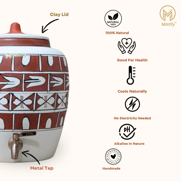 Earthen White Clay Water Pot Cross Design with Metal Tap for better Life Style 11L capacity - Image 6