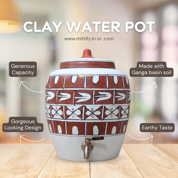 Earthen White Clay Water Pot Cross Design with Metal Tap for better Life Style 11L capacity - Image 5