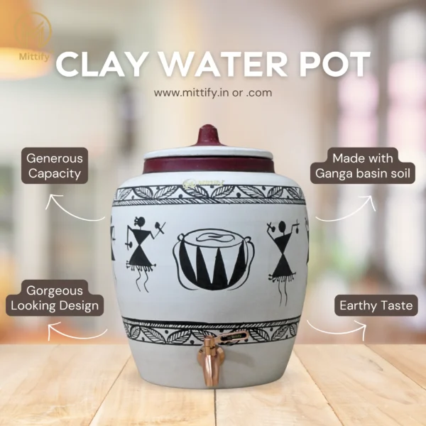 Earthen White Clay Water Pot Warli Design for better Lifestyle with Metal Tap 11L Capacity - Image 5