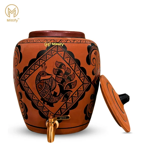 Red Clay Water Pot Peacock Design, Natural Cooling Water Dispenser Comes with Metal Tap and Lid Capcity 11 Liters - Image 3