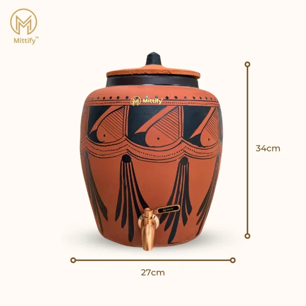 Red Clay Water Pot Black Spades Design, Natural Cooling Water Dispenser Comes with Metal Tap and Lid Capacity 11 Liters - Image 4