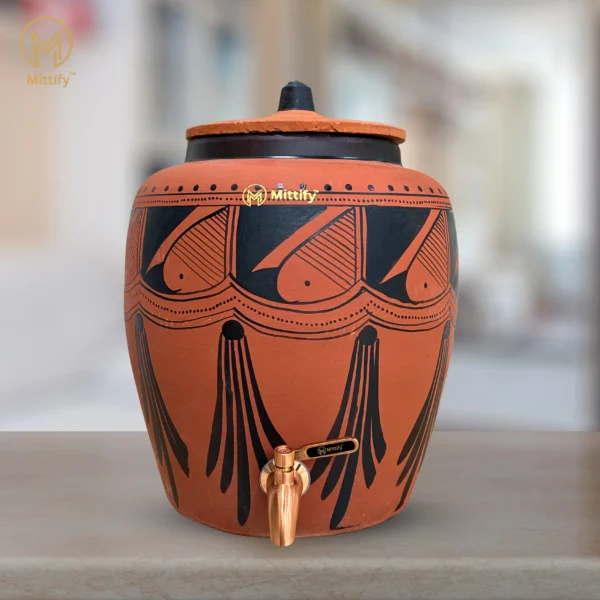 Red Clay Water Pot Black Spades Design, Natural Cooling Water Dispenser Comes with Metal Tap and Lid Capacity 11 Liters