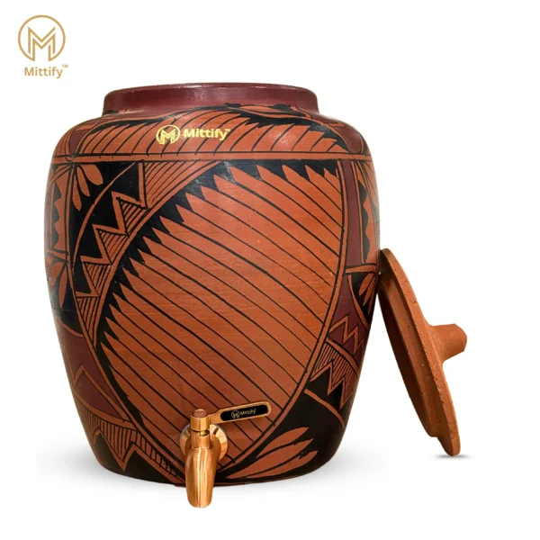 Red Clay Water Pot Harp Design, Natural Cooling Water Dispenser Comes with Metal Tap and Lid Capacity 11 Liters - Image 3