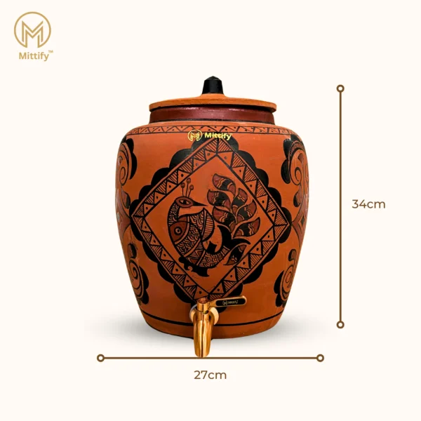 Red Clay Water Pot Peacock Design, Natural Cooling Water Dispenser Comes with Metal Tap and Lid Capcity 11 Liters - Image 4