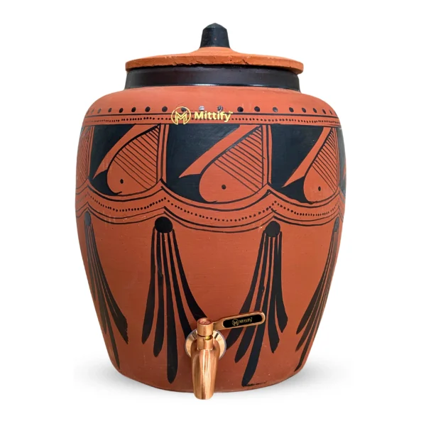 Red Clay Water Pot Black Spades Design, Natural Cooling Water Dispenser Comes with Metal Tap and Lid Capacity 11 Liters - Image 2