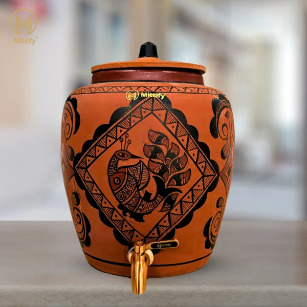 Red Clay Water Pot Peacock Design, Natural Cooling Water Dispenser Comes with Metal Tap and Lid Capcity 11 Liters