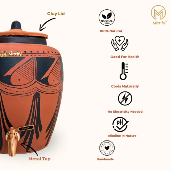 Red Clay Water Pot Black Spades Design, Natural Cooling Water Dispenser Comes with Metal Tap and Lid Capacity 11 Liters - Image 5