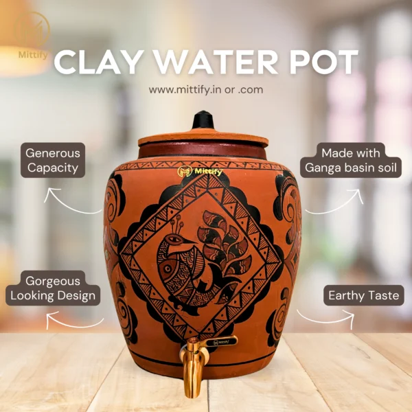 Red Clay Water Pot Peacock Design, Natural Cooling Water Dispenser Comes with Metal Tap and Lid Capcity 11 Liters - Image 5