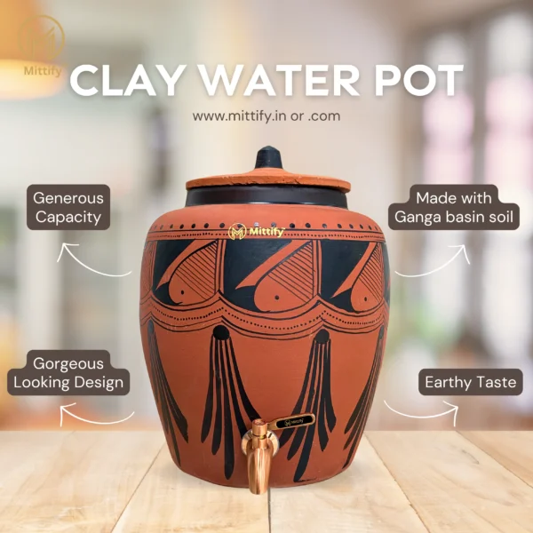 Red Clay Water Pot Black Spades Design, Natural Cooling Water Dispenser Comes with Metal Tap and Lid Capacity 11 Liters - Image 6
