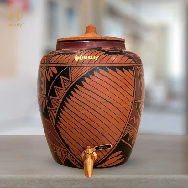 Red Clay Water Pot Harp Design, Natural Cooling Water Dispenser Comes with Metal Tap and Lid Capacity 11 Liters