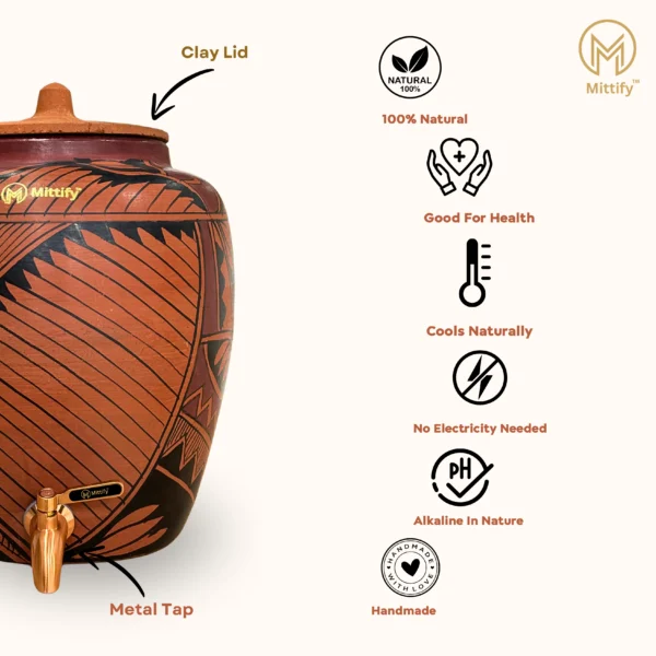 Red Clay Water Pot Harp Design, Natural Cooling Water Dispenser Comes with Metal Tap and Lid Capacity 11 Liters - Image 5