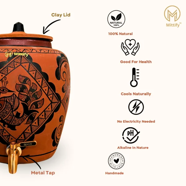 Red Clay Water Pot Peacock Design, Natural Cooling Water Dispenser Comes with Metal Tap and Lid Capcity 11 Liters - Image 6