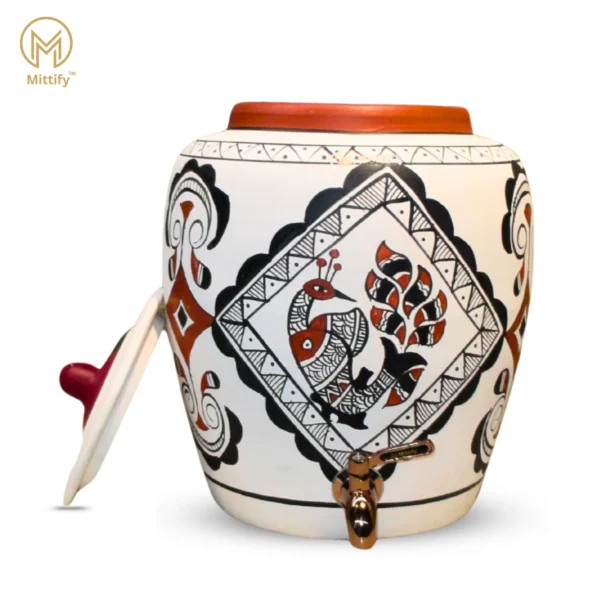 Earthenware Handmade Terracotta White Clay Water Pot Peacock Design, Natural Cooling Water Dispenser Comes with Metal Tap and Lid Capacity 11 Liters - Image 3