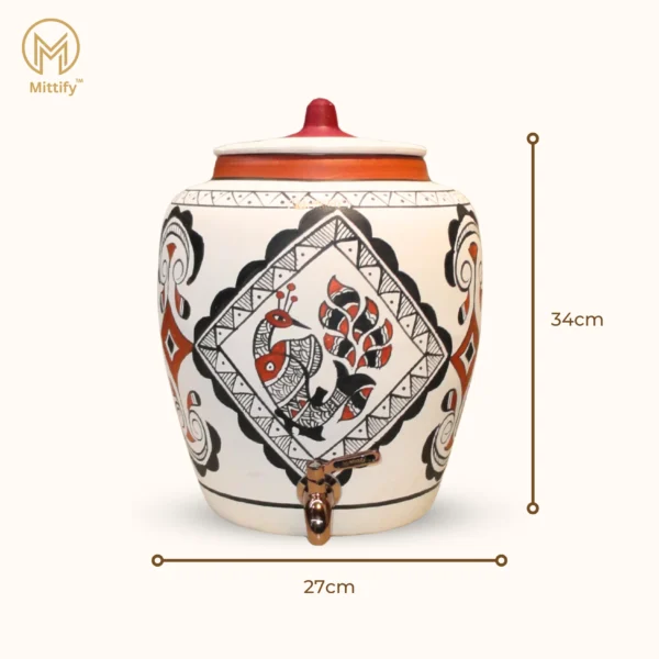 Earthenware Handmade Terracotta White Clay Water Pot Peacock Design, Natural Cooling Water Dispenser Comes with Metal Tap and Lid Capacity 11 Liters - Image 4