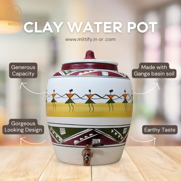 Earthen White Clay Water Pot Dancing Doll Design With Metal Tap 11L Capacity - Image 5
