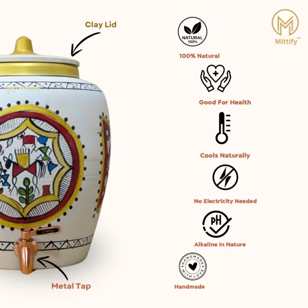 Earthen White Clay Water Pot Rocking Horse Design with Metal Tap for better Health 11L Capacity - Image 6