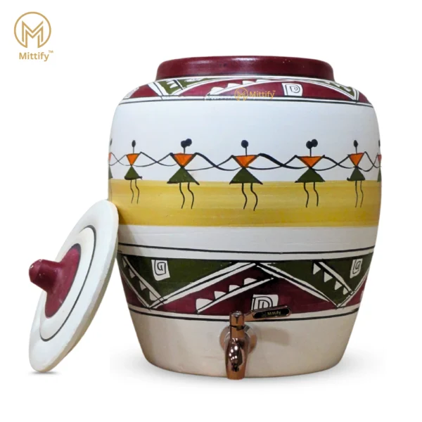 Earthen White Clay Water Pot Dancing Doll Design With Metal Tap 11L Capacity - Image 3