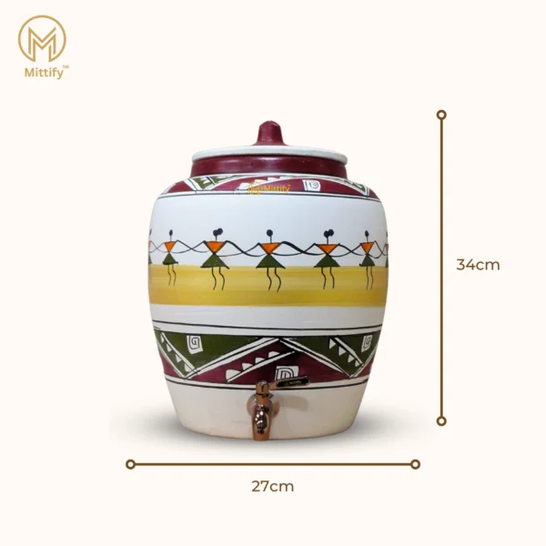 Earthen White Clay Water Pot Dancing Doll Design With Metal Tap 11L Capacity - Image 4