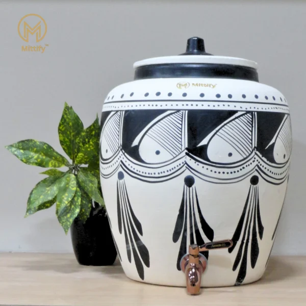 Earthen White Clay Water Pot Black Spade Design with Metal Tap For Better Life Style 11L Capacity