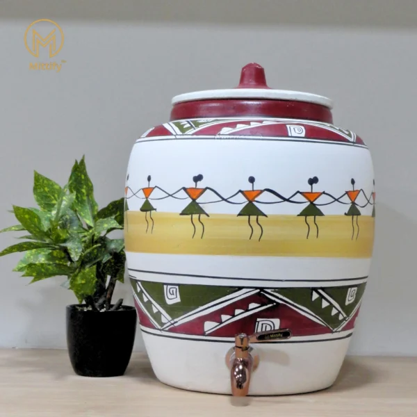Earthen White Clay Water Pot Dancing Doll Design With Metal Tap 11L Capacity
