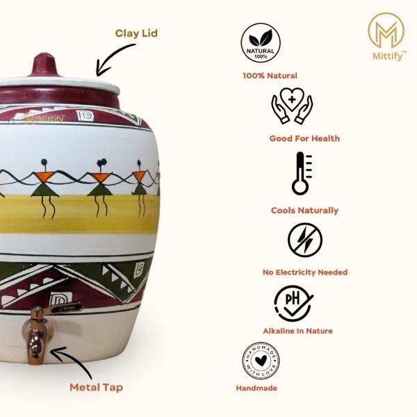 Earthen White Clay Water Pot Dancing Doll Design With Metal Tap 11L Capacity - Image 6