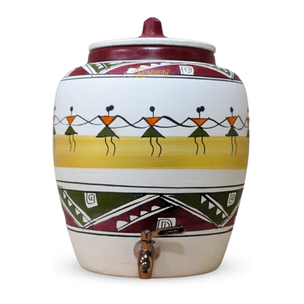 Earthen White Clay Water Pot Dancing Doll Design With Metal Tap 11L Capacity - Image 2
