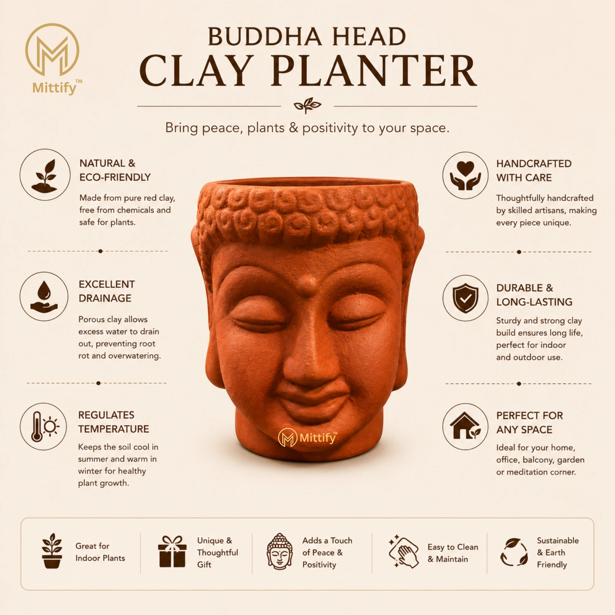 Mittify Red Clay Vase Buddha Face Planter - Image 4