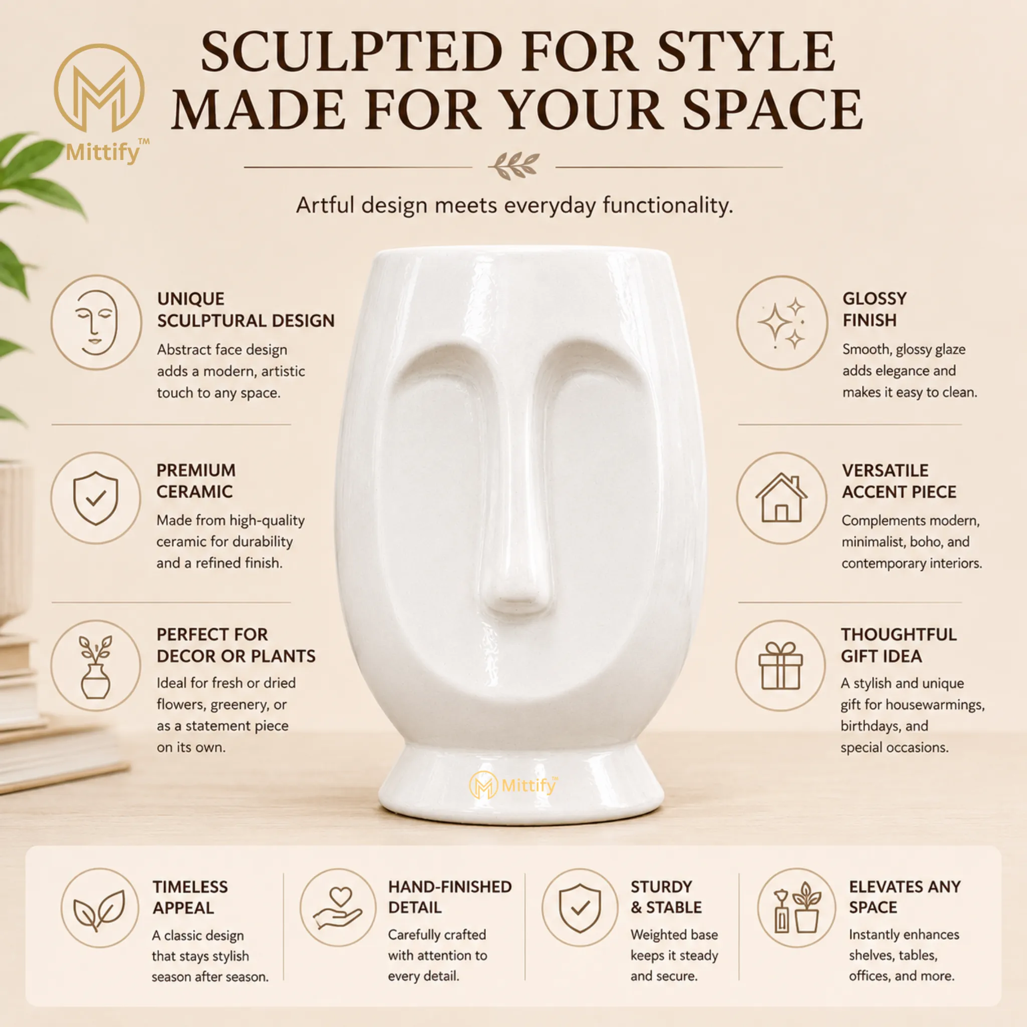 Mittify White Big Face Ceramic Planter - Image 4