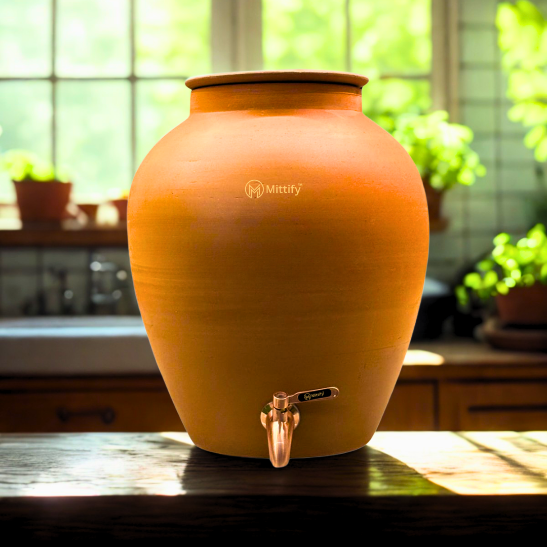 Mittify Terracotta Plain Red Clay Medium Neck Clay Water Pot 11 Litre | Metal Tap