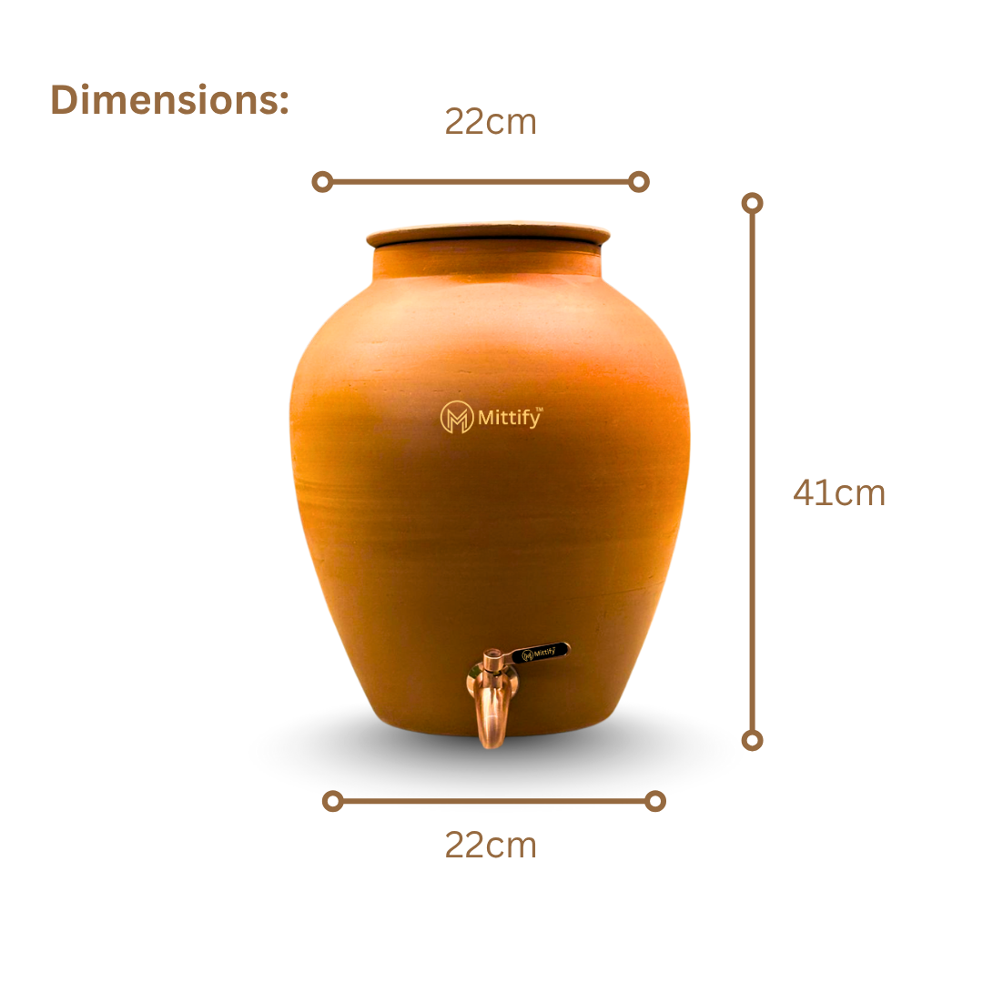 Mittify Terracotta Plain Red Clay Medium Neck Clay Water Pot 11 Litre | Metal Tap - Image 3